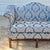 English Mid-20th Century Blue Damask Camelback Settee Loveseat Petite Sofa Rolled Arms Nailhead Trim For Sale - Image 3 of 16