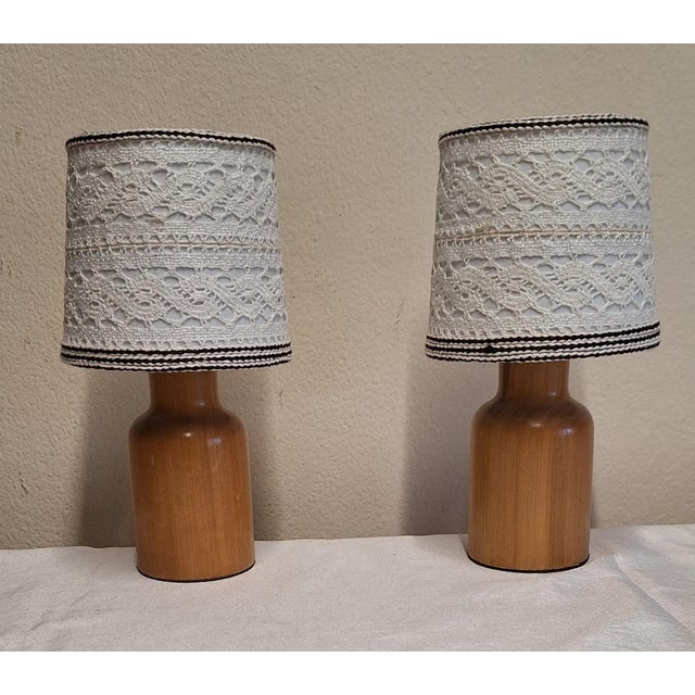 Vintage Bedside Lamps with Yellow-Brown Yew Wood Base and Fabric Shade from Lamplove, 1980s, Set of 2, in Very Good...