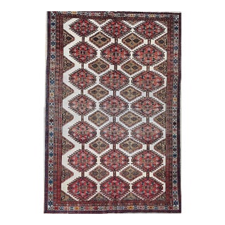 Vintage Persian Malayer Gallery Rug, Hand-Knotted Wool, Geometric Pattern, 7x13, Ivory & Red For Sale