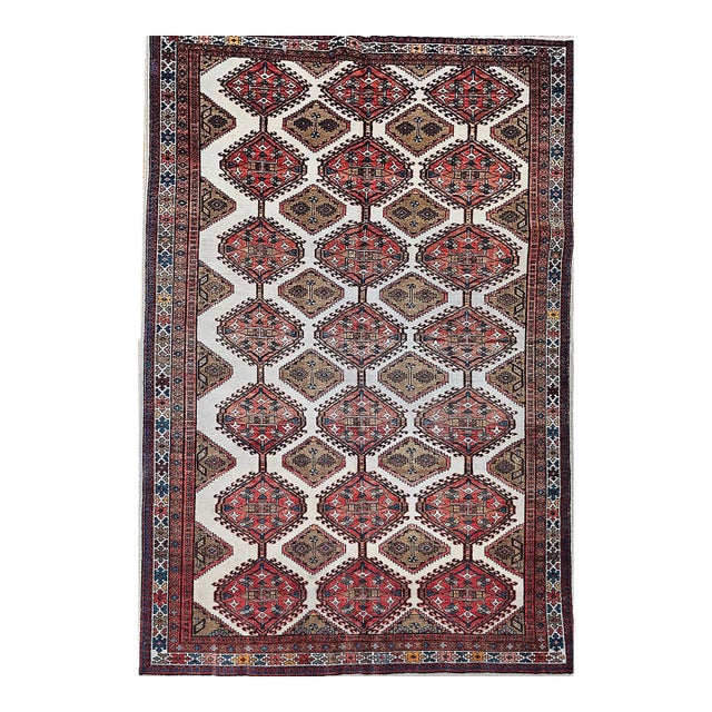 Vintage Persian Malayer Gallery Rug, Hand-Knotted Wool, Geometric Pattern, 7x13, Ivory & Red For Sale