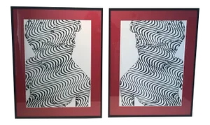 Modernist Abstract Figures Op Art Print Lithographs - a Pair