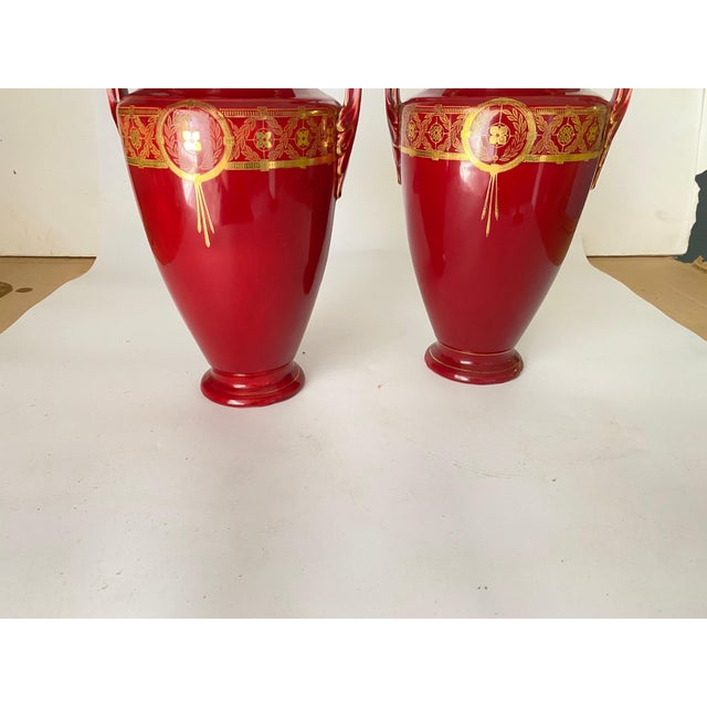 Red Cobalt Urns Vase with Ceramic Handles and Gilted Decorations, Set of 2 For Sale - Image 12 of 14