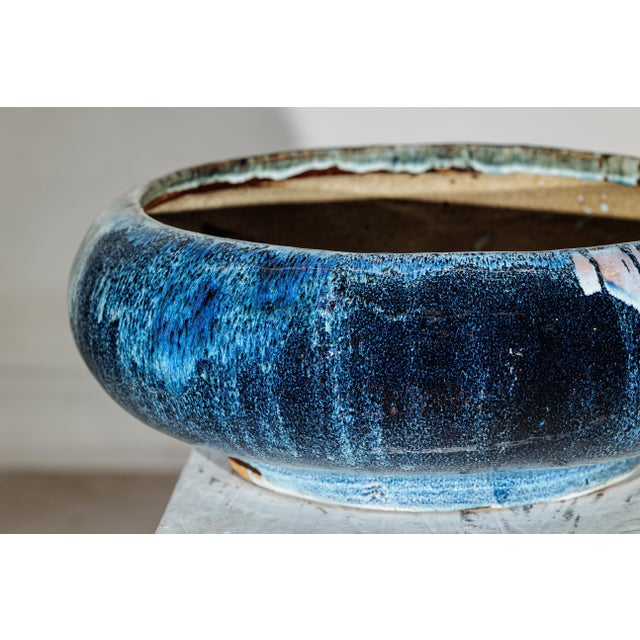Vintage Shigaraki-Style Light Blue Planter with Organic Glaze and Wide Opening For Sale - Image 11 of 18