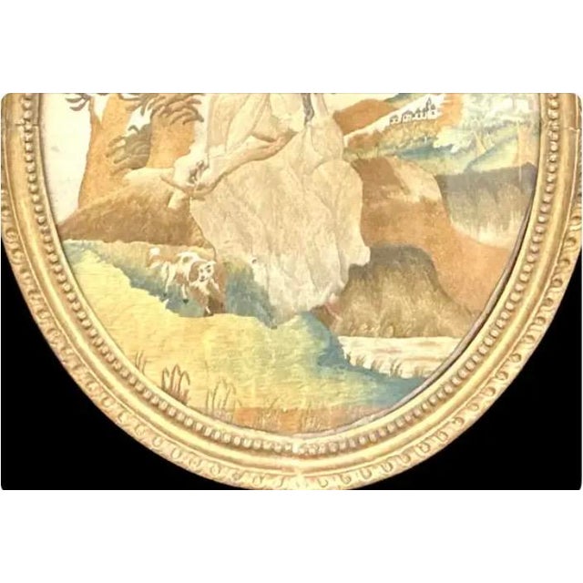 Textile Georgian Oval Silk Embroidery of Girl With Her Dog, Framed For Sale - Image 7 of 9