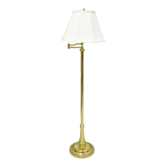 Vintage Traditional Polished Brass Swing Arm Reading Pole Floor Lamp W/ Shade For Sale