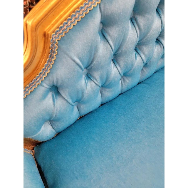 Rococo Antique French Regency Gold Gilded Tufted Back Bench Newly Reupholstered For Sale - Image 3 of 7