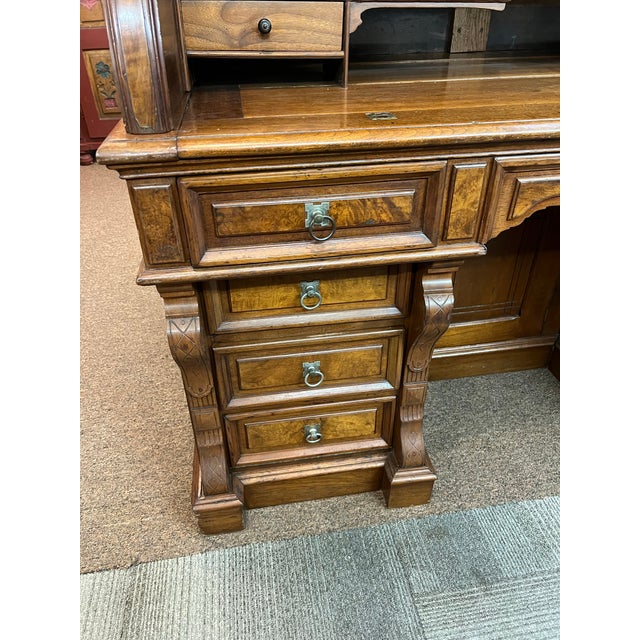 Mid 19th Century 1800's Walnut Burlwood Rolltop Barrel Office Desk For Sale - Image 5 of 12