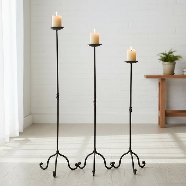 French Hand Forged Iron Candelabra Set of 3 (92-112cm) Antique Copper Finish Straight Stem with French Scroll Base For Sale - Image 3 of 7
