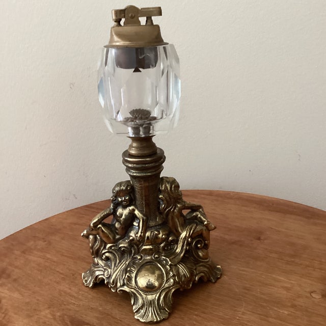 Brass Mid 20th Century Hollywood Regency Loevsky & Loevsky Crystal Ashtray and Lighter Smoking Set With Brass Cherub Base- 2 Pieces For Sale - Image 8 of 12