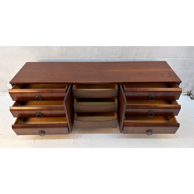 Mid-Century Modern Walnut and Cane Nine Drawer Dresser For Sale - Image 12 of 16