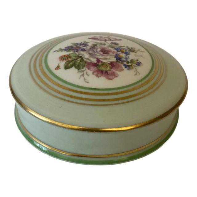 Antique Limoges Porcelain Jewelry Box, Hand Painted, Gold Trim, 1930 For Sale