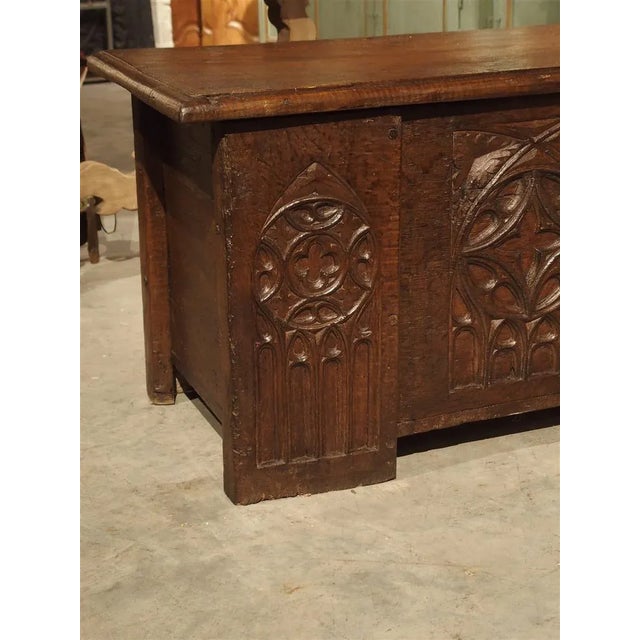 A Long Circa 1800 Gothic Style Oak Board Trunk From France For Sale - Image 9 of 13