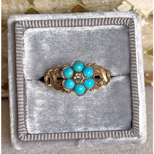 Victorian Late 19th Century Victorian Turquoise Diamond Forget-Me-Not Ring Locket Back 15k Size 6.5 For Sale - Image 3 of 11