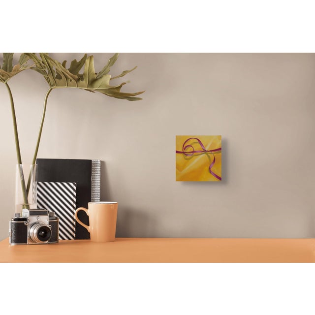 2010s Gold Gift Box by Sarah van der Helm | Oil on Cradled Panel Painting of a wrapped gift box with ribbon For Sale - Image 5 of 5