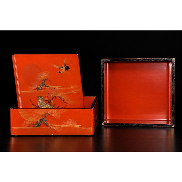 Japanese Antique Red Lacquered Snack Keepsake Box Hand Painted 2-Tier For Sale - Image 15 of 17