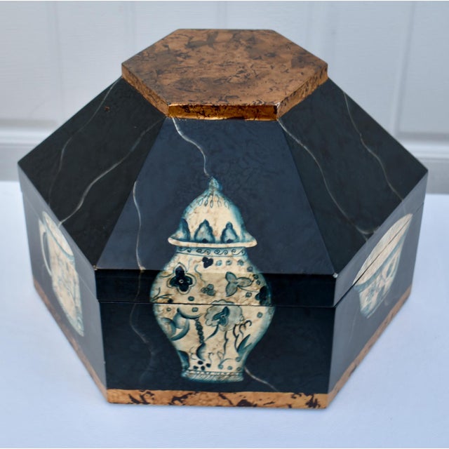 1980s Vtg. Hexagonal Shaped Box With Asian Style Vessels For Sale - Image 5 of 15