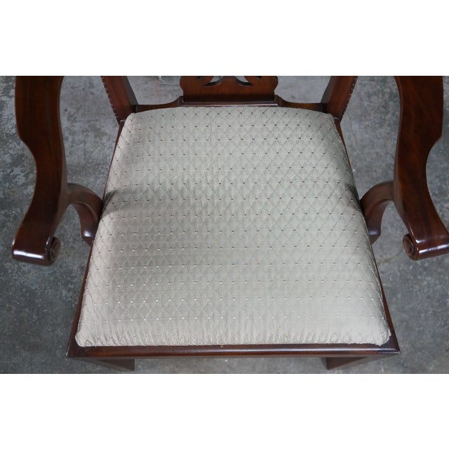 2 Late 20th Century Maitland Smith Chippendale Pierced Mahogany Dining Arm Chairs Silk Seats Pair For Sale - Image 12 of 18