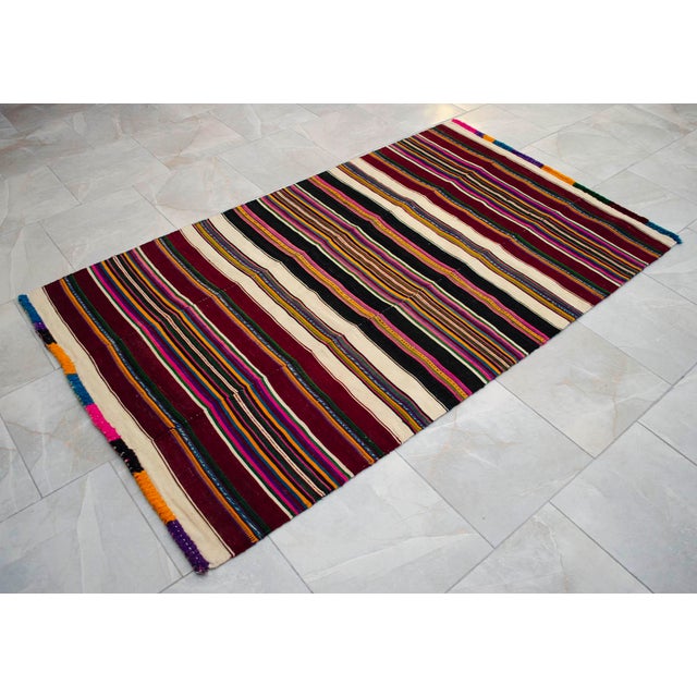 Ruby Red 1960s Hand Woven Colorful Kilim Striped Rug - 4′ × 6′8″ For Sale - Image 8 of 11