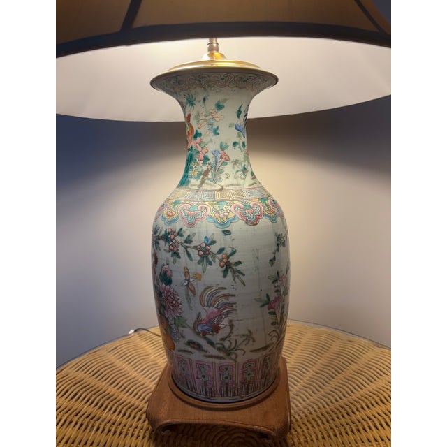 Elegant Chinese porcelain vase converted into a custom table lamp. The beautifully decorated vase features colorful floral...