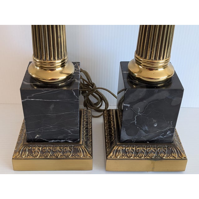 Metal Vintage Mid Century Portora Black Marble and Brass Table Lamps, a Pair For Sale - Image 7 of 7