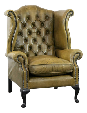 English Style Moss Green Cowhide Chesterfield Wingback Armchair