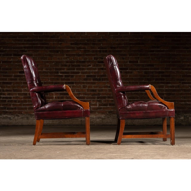 Burgundy Late 20th Century Pair of Tufted Leather Square-Back Dining Chairs in Oxblood For Sale - Image 8 of 17