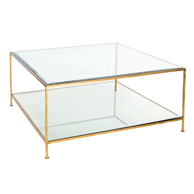Worlds Away Matthew Izzo Home Quadro Minimalist Gold Leaf and Glass Two Tier Coffee Table For Sale - Image 4 of 4