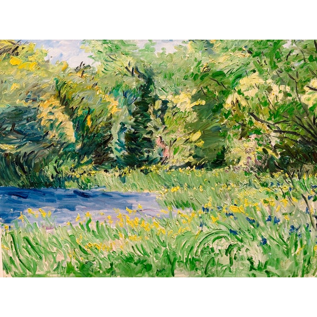 Impressionist Bruce Steinhoff Original Oil Painting Flowers and Trees Munzars Pond, 1996 - Framed For Sale - Image 3 of 14