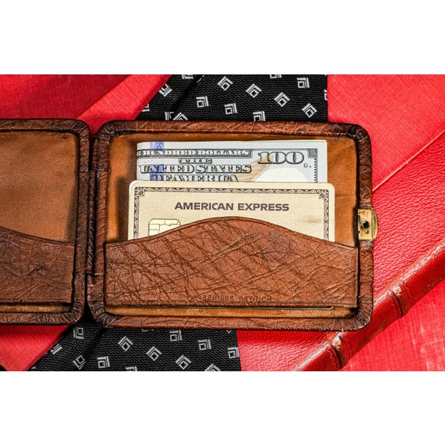 Animal Skin Amazing Quality Luxury Antique Ostrich Leather Wallet With 14k Gold Plaque Monogram SJS Credit Card Holder Money Cash Business Card Case For Sale - Image 7 of 9
