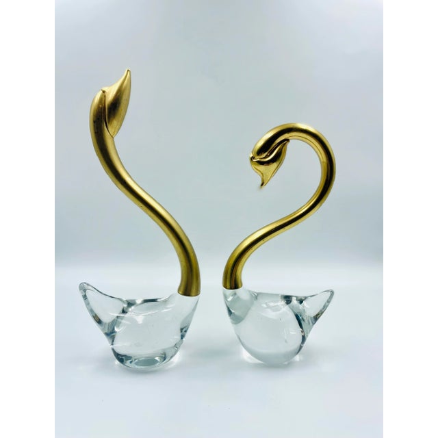 Mid 20th Century Mid 20th Century Set of 2 Hand Blown Clear Art Glass & Brass Swan Sculptures/Figurines For Sale - Image 5 of 12