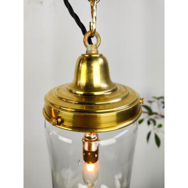 New Old Stock Clear Dome Pendant Lamp with Brass Gallery For Sale - Image 5 of 9