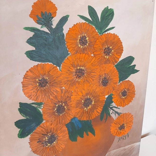 Textile Orange Floral Bouquet Painting Artist Signed Poppies Daisy Flower For Sale - Image 7 of 8