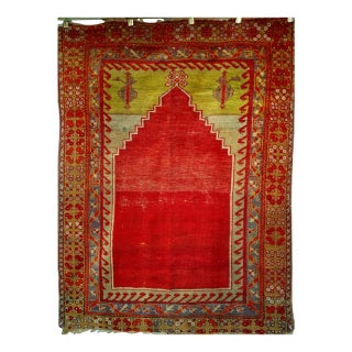 Vintage Turkish Prayer Area Rug, Hand-Knotted Wool, 4x5, Abrash Red & Yellow For Sale