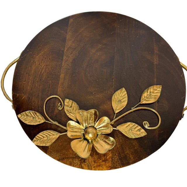 Far Pavilions Handcrafted Round Wood Serving Tray With Handles | 12 Inch Floral Metal Inlay Platter | Rustic Coffee Table Decor | Housewarming Gift Item For Sale - Image 4 of 5