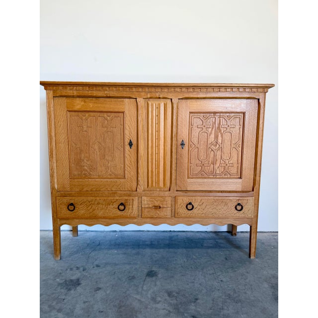 Mid Century Danish Brutalist Carved Front Cabinet in White Oak, attributed to Henning Kjaernulf. Large locking doors at...