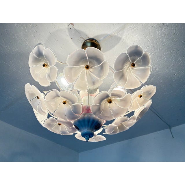 Vintage White Murano Style Floral Chandelier | Italian Art Deco Ceiling Light | 1980s Glass Flower Lighting For Sale - Image 10 of 17