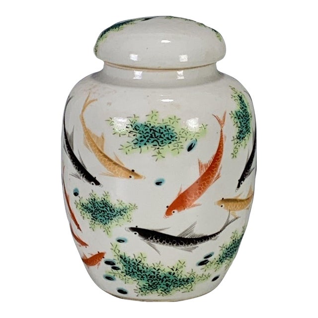 Vintage Chinese Famille Rose "Swimming Fish" Covered Jar With "Wan Yu" Mark For Sale