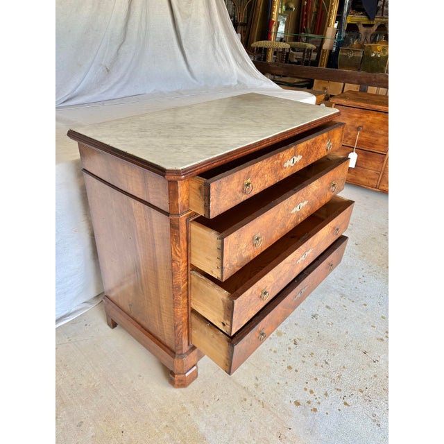 Late 19th Century French Louis Philippe Burled Walnut and Marble Top Chest of Drawers Commode For Sale - Image 6 of 12
