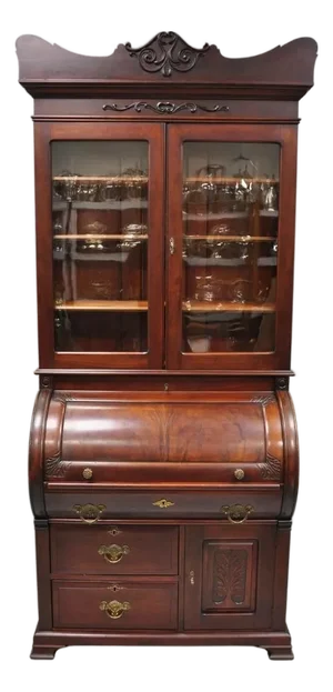Antique Victorian Mahogany Cylinder Roll Top Bookcase Secretary Desk Cabinet
