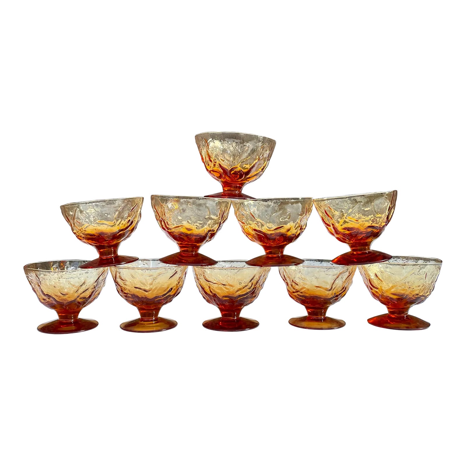 【ヴィンテージ】Anchor Hocking アンバーガラス Vintage Anchor Hocking Amber Crinkle Glass Sherbert Dishes- Set of