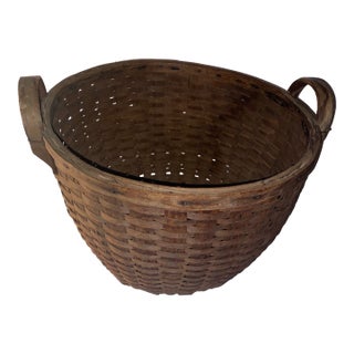 19th-Century Antique Splint Wood Round Basket With Handles For Sale
