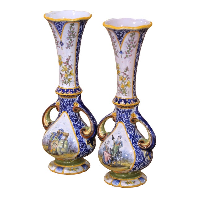 Pair of 19th Century French Hb Quimper Hand Painted Faience Tall Neck Vases For Sale