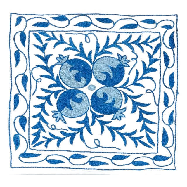 Silk Hand Embroidery Uzbek Suzani Cushion Cover in Cream and Blue. 18"x19" For Sale