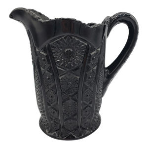 1960s Black Indiana Glass Monarch Tiara Paneled Daisy Pattern Water Tea Pitcher