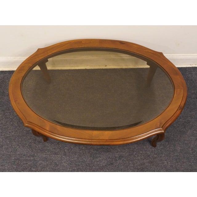 Brown Ethan Allen Chateau Normandy Solid Knotty Pine 48" Oval Coffee Table W. Beveled Amber Glass Top 17-8010 For Sale - Image 8 of 9