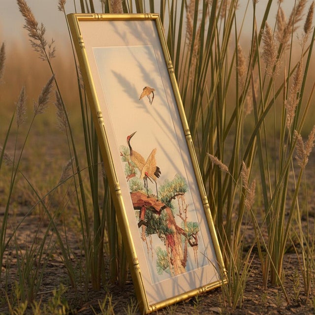 Japanese Mid Century Japanese Crane Fiber Art Wall Panel-Framed-Textural Natural Collage For Sale - Image 3 of 10