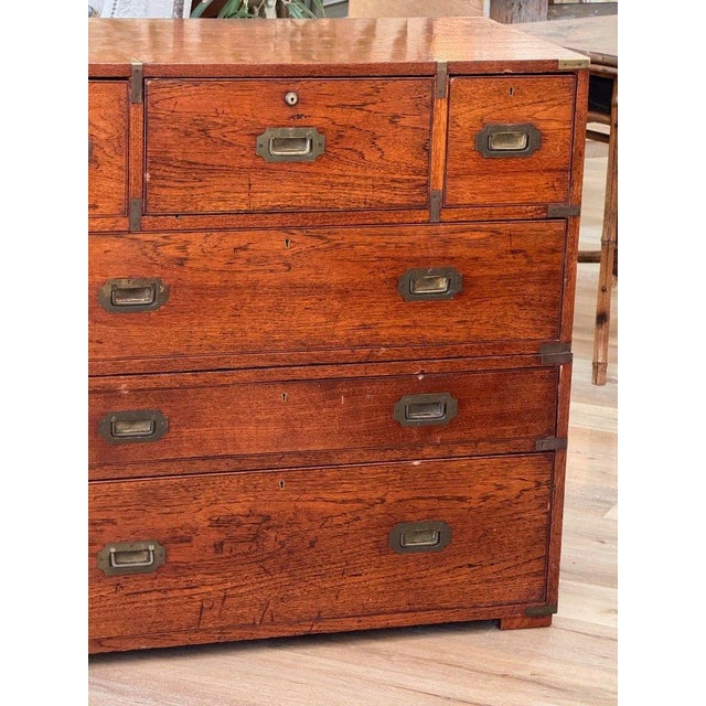 Two Part English Campaign Chest , 19th Century, oak, the top having central butlers desk opening to hidden compartment,...