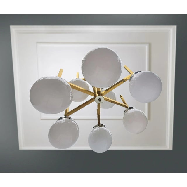 Metal 1960s Brass & Chrome 9-Globe Chandelier in the Manner of Robert Sonneman For Sale - Image 7 of 9