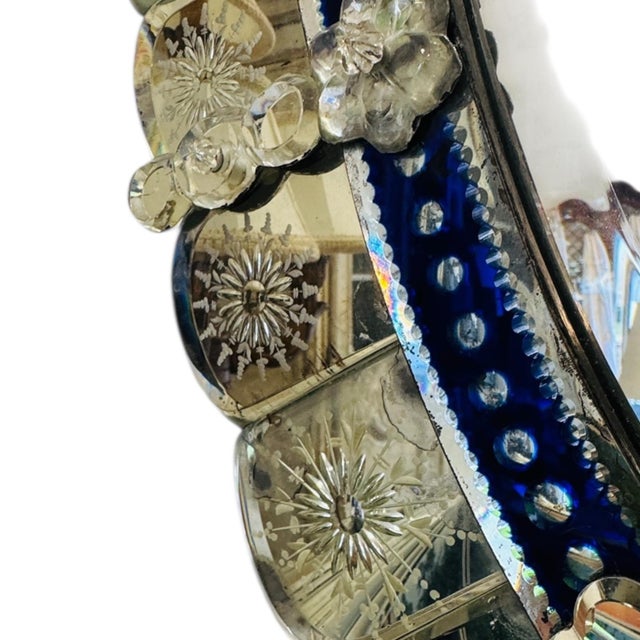 Early 20th Century Venetian Mirror With Cobalt Glass: Antique Murano-Style Etched Mirror For Sale - Image 10 of 11
