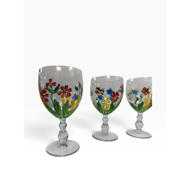 Shabby Chic Vintage Royal Danube Romania Hand-Painted Crystal Floral Goblets – Set of 6 For Sale - Image 3 of 12